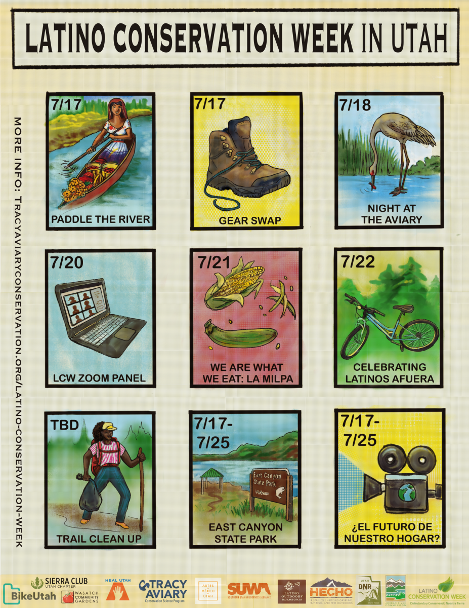 Illustrated graphic of a lotería board game featuring a three by three grid of rectangles. From top left to right, the rectangles show a woman paddling a canoe on a river, hiking boots, a sandhill crane, a laptop, ears of corn, a bicycle, a woman hiking while picking up litter, a scenic overlook by a river, and an old-style video projector.