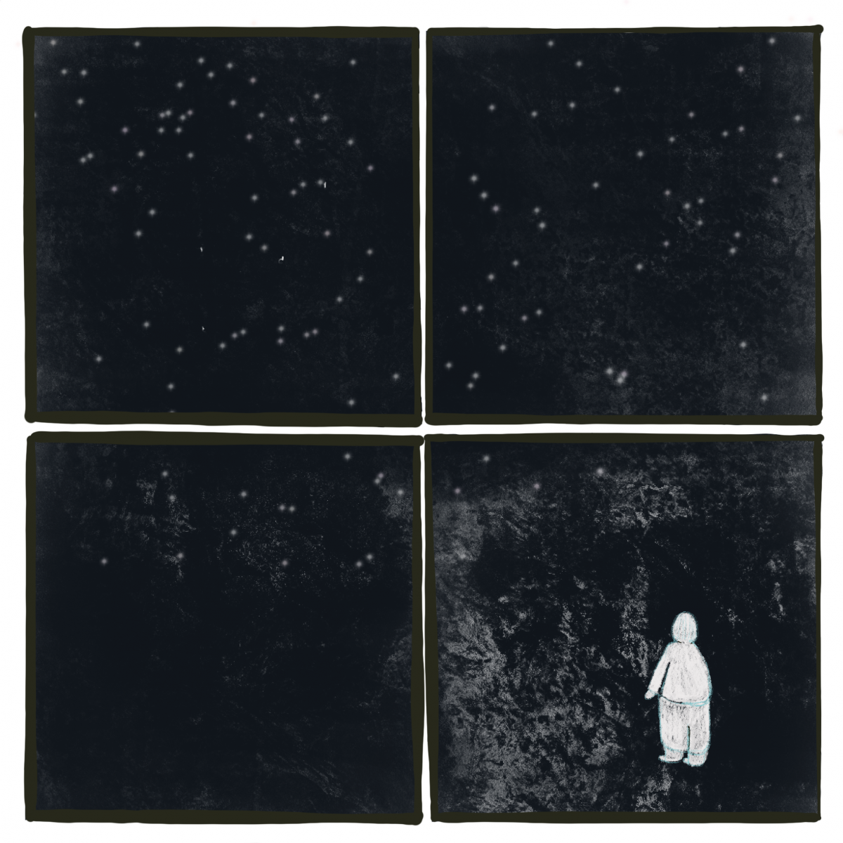 Illustration of four square frames filled with a dark, starry background, and a lone figure's white silhouette at the bottom right.
