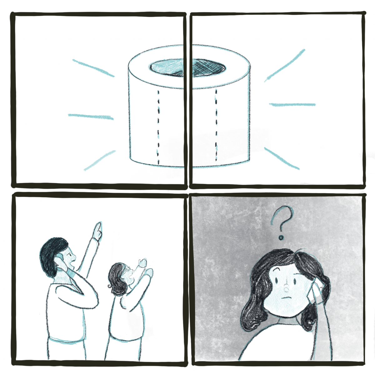 Illustration of four squares frames. Top two squares show a roll of toilet paper. Bottom left frame shows two persons pointing up at the toilet paper. Bottom right frame shows a confused person.
