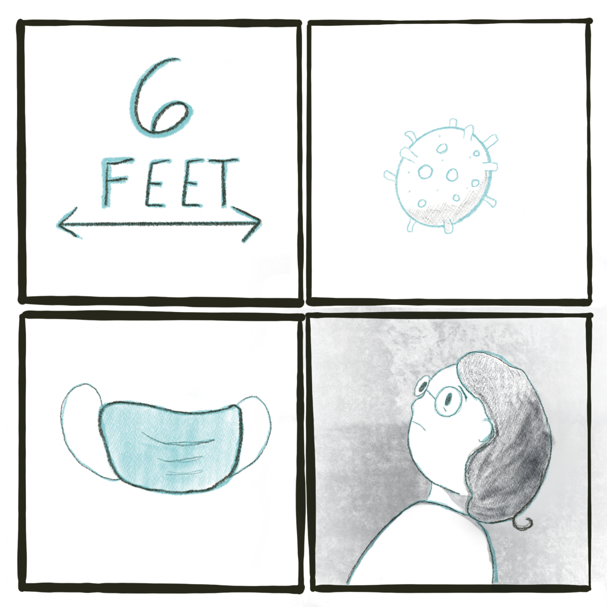 Illustration of four square frames. From top left, clockwise, there is a sign that says 6 FEET with arrows, a doodle of a circle with ends sticking out, a person with glasses and black hair looking up, and a mask.