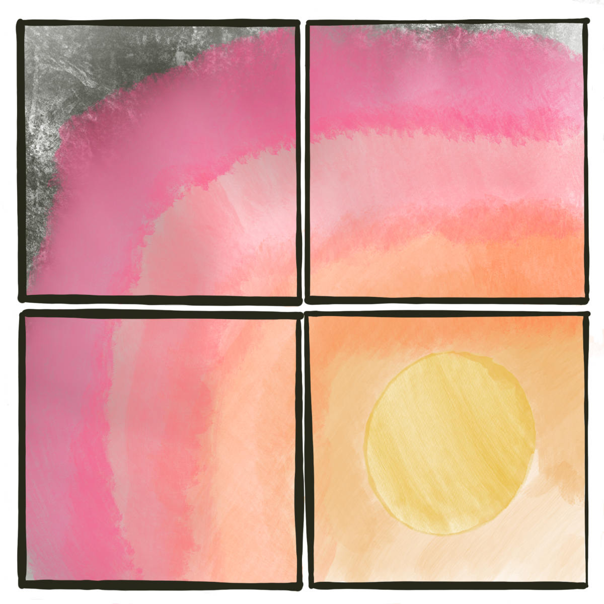 Illustration of four square frames. On the bottom right, is a yellow circle and radiating from it are waves of orange, pink, and purple colors. At the top left uppermost corner is some shadowy black color.