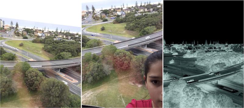 Figure 2. Photomontage designed and created by young co-researcher showing what she described as “nature by road” taken at different times throughout the day. She explained that roads in her community both connected (like “blood lines”) and disconnected children to nature. Credit: Graciella Mosqueira.