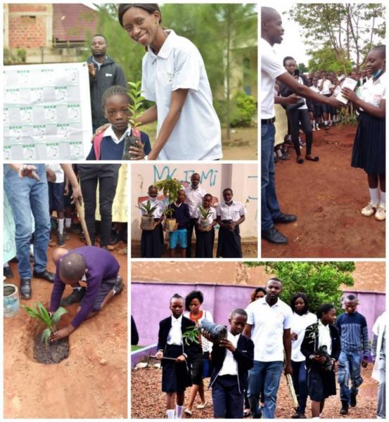 A grid of five photos. From top left, clockwise, a woman smiles while a child next to her holds up a plant. In the next photo, a group of people applaud as a man hands a box to a young girl. In the next photo, a group of students walk while holding young trees. In the photo above that, a group of four students and an adult hold planters while facing the camera. In the last photo, a young student kneels on the ground to plant.