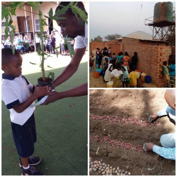 A grid of three photos. From left to right, a photo of a young man hands a growing plant to a young boy. The second photo shows a group of women and children gathered around a brick well with buckets for water. In the last photo, a man places seeds in two trenches.