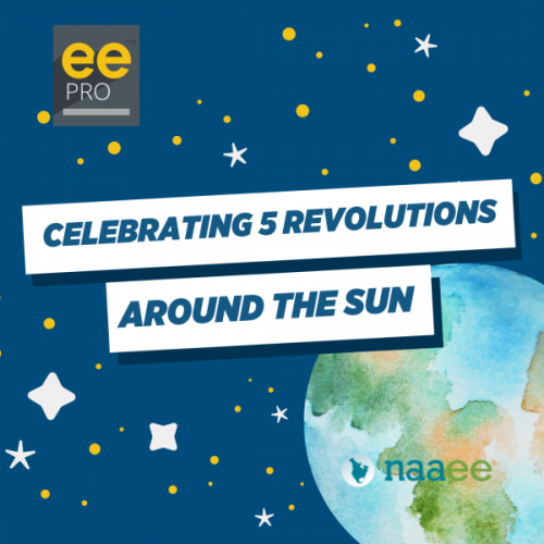 celebrating five rotations around the sun eePRO and Naaee logo on blue starry sky background with watercolor globe